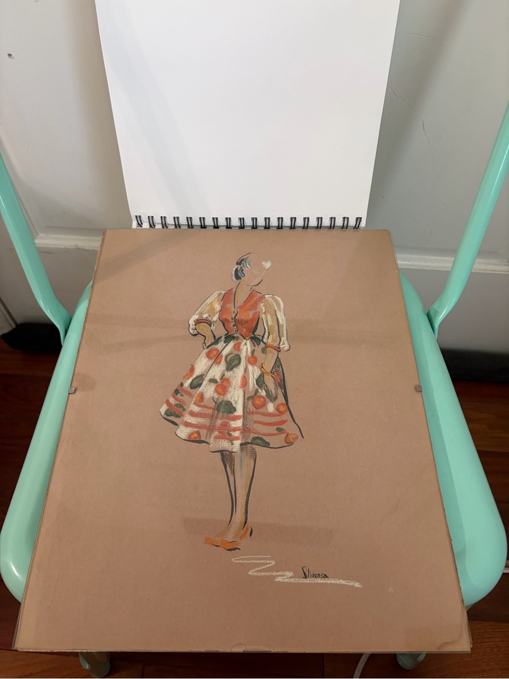 Vintage Original Fashion Illustration of 1950’s Fruit Themed Dress in Clip Frame